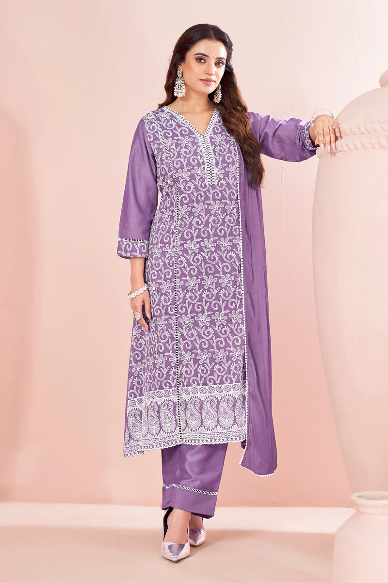 Lavender Chinnon Schiffli Embroidered A-Line Kurta Set with Pants & Naznin Chiffon Dupatta