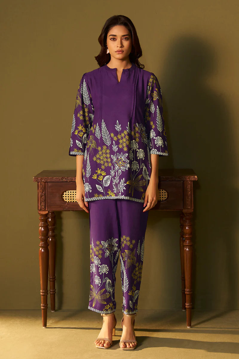 Purple Rayon Floral Printed Co-Ord Set For Women