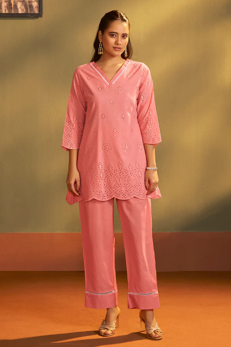 Women’s Pure Cotton Pink Schiffli Co-Ord Set