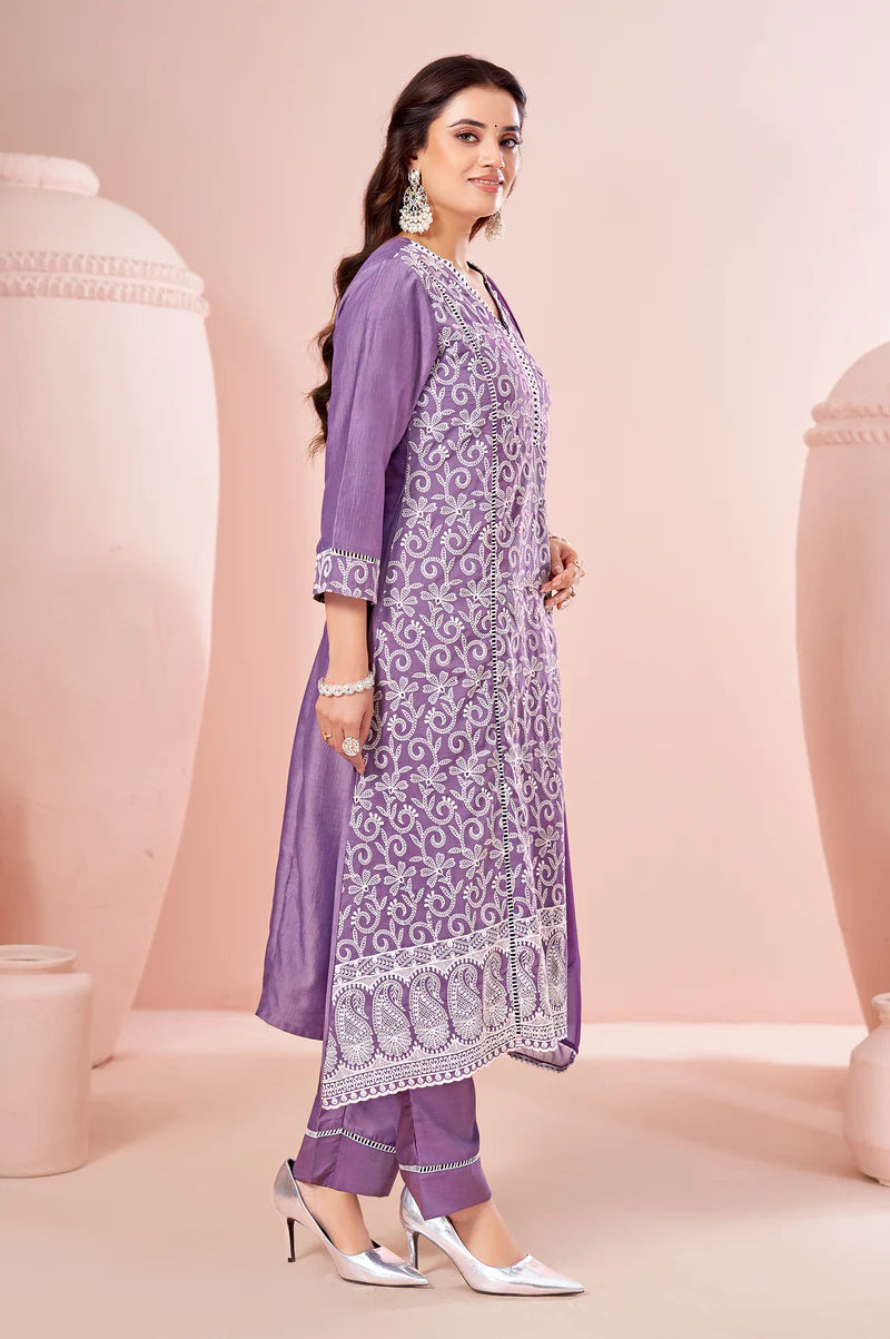Lavender Chinnon Schiffli Embroidered A-Line Kurta Set with Pants & Naznin Chiffon Dupatta