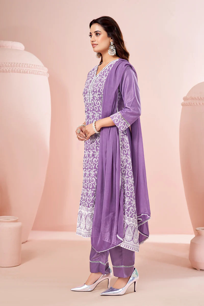 Lavender Chinnon Schiffli Embroidered A-Line Kurta Set with Pants & Naznin Chiffon Dupatta