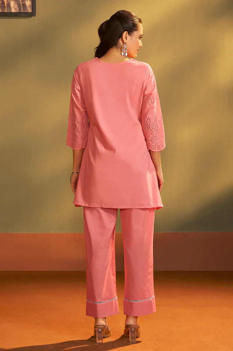 Women’s Pure Cotton Pink Schiffli Co-Ord Set