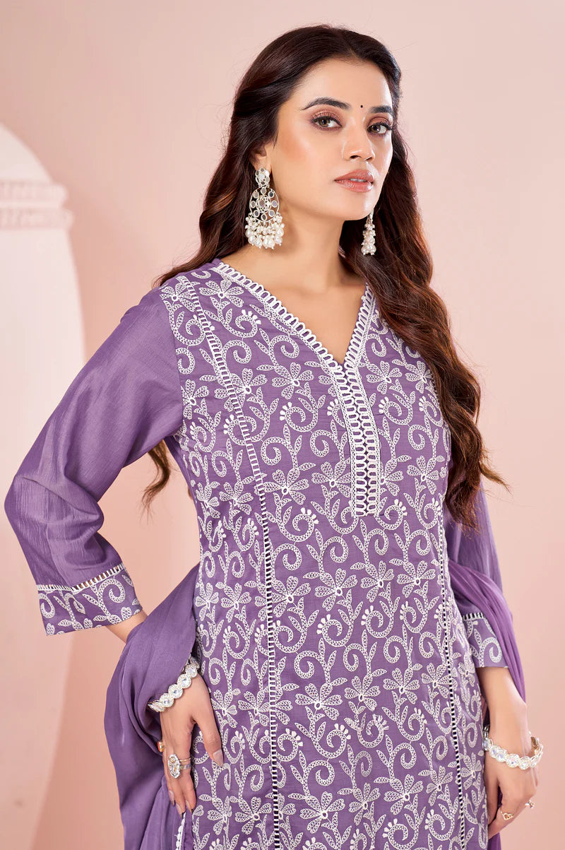 Lavender Chinnon Schiffli Embroidered A-Line Kurta Set with Pants & Naznin Chiffon Dupatta
