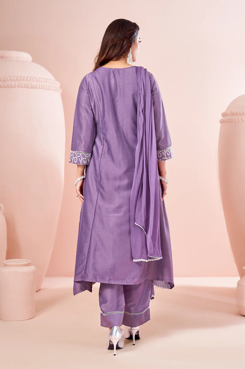 Lavender Chinnon Schiffli Embroidered A-Line Kurta Set with Pants & Naznin Chiffon Dupatta