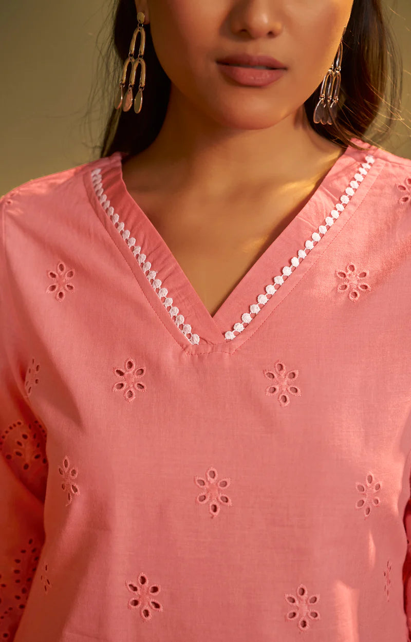Women’s Pure Cotton Pink Schiffli Co-Ord Set