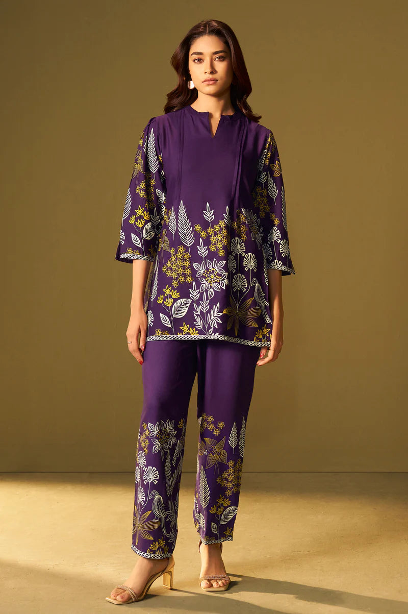 Purple Rayon Floral Printed Co-Ord Set For Women