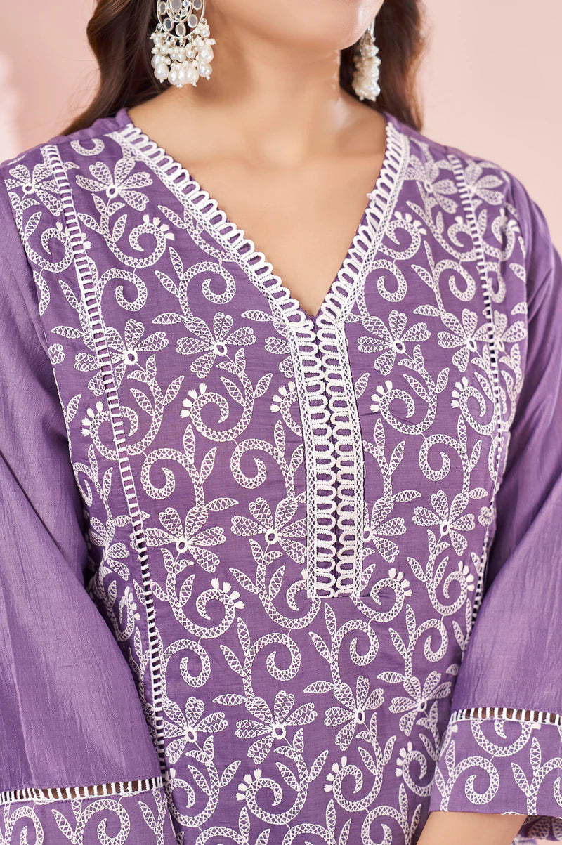 Lavender Chinnon Schiffli Embroidered A-Line Kurta Set with Pants & Naznin Chiffon Dupatta