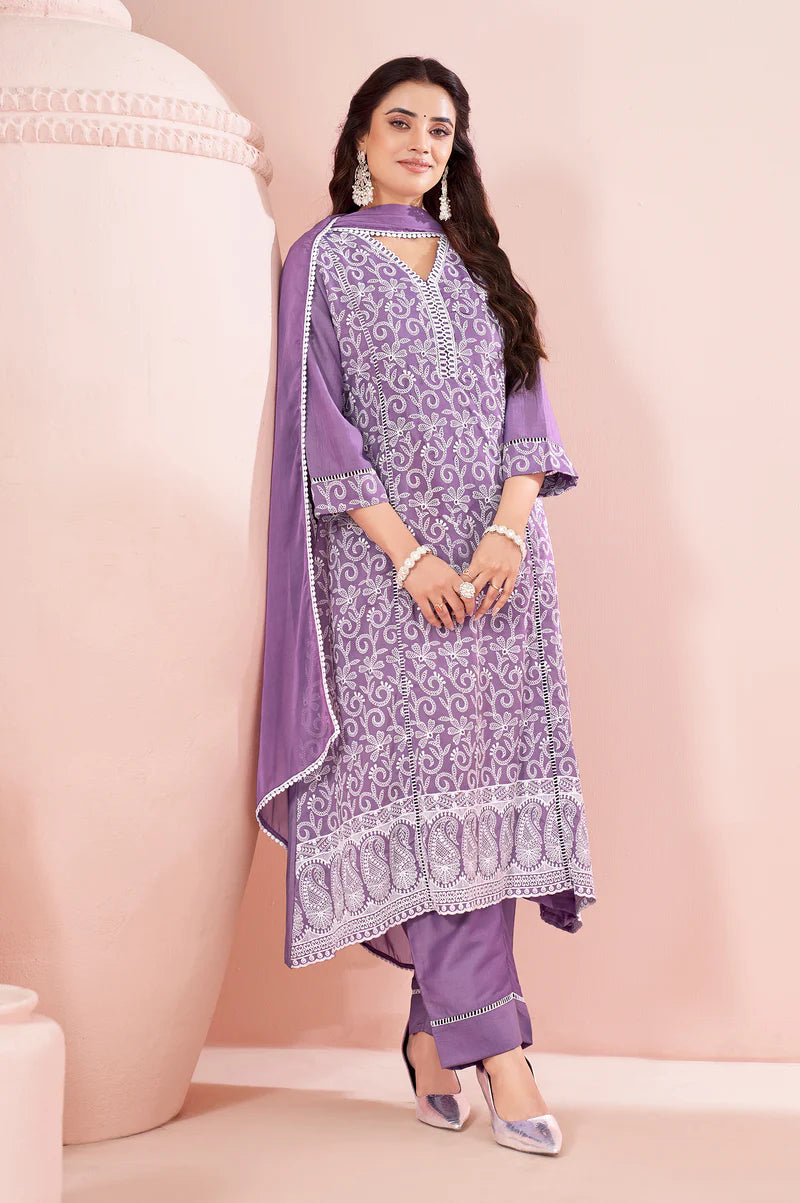 Lavender Chinnon Schiffli Embroidered A-Line Kurta Set with Pants & Naznin Chiffon Dupatta